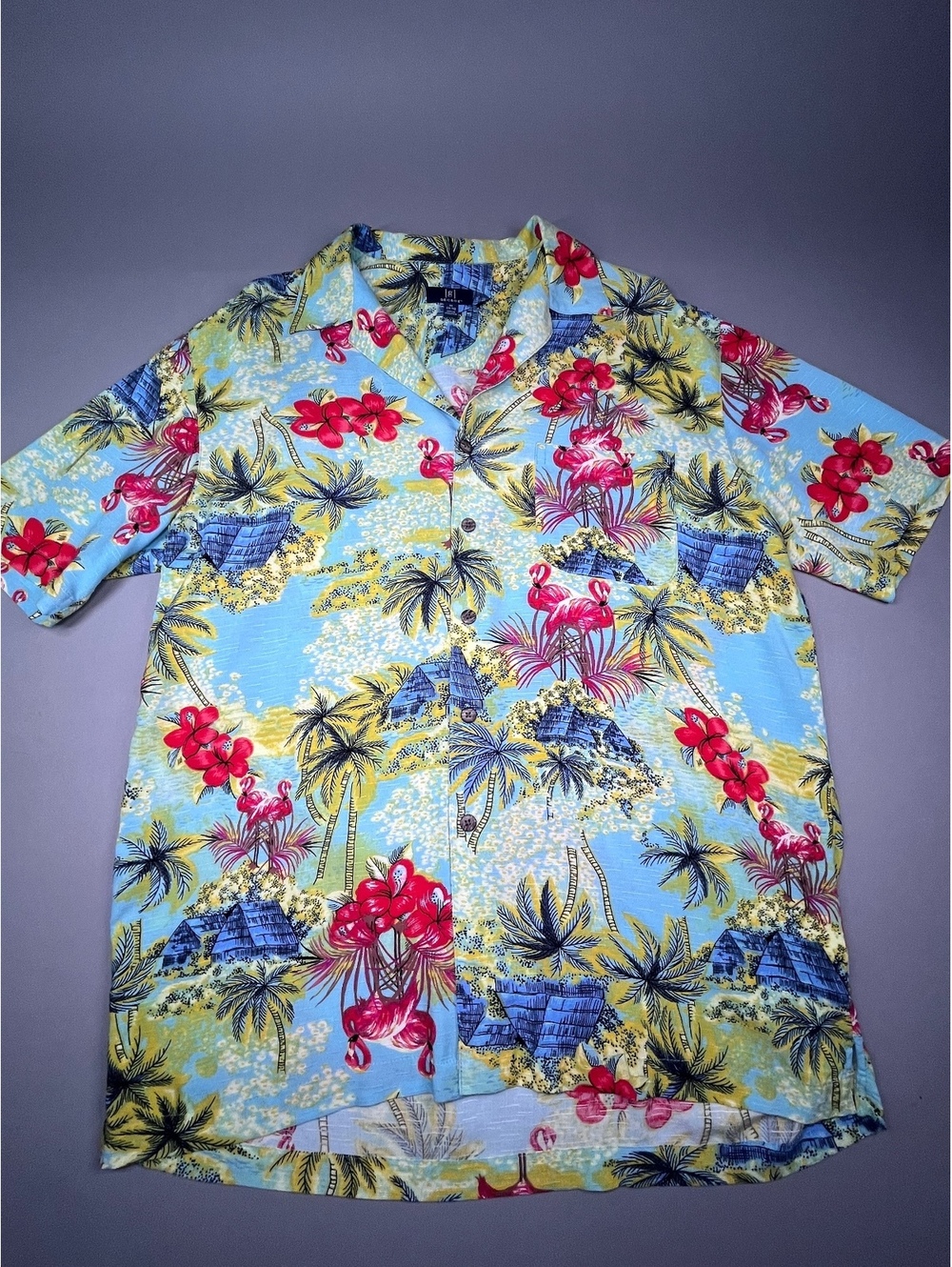 George Tropical Flamingo Hawaiian Button Front Shirt Size M